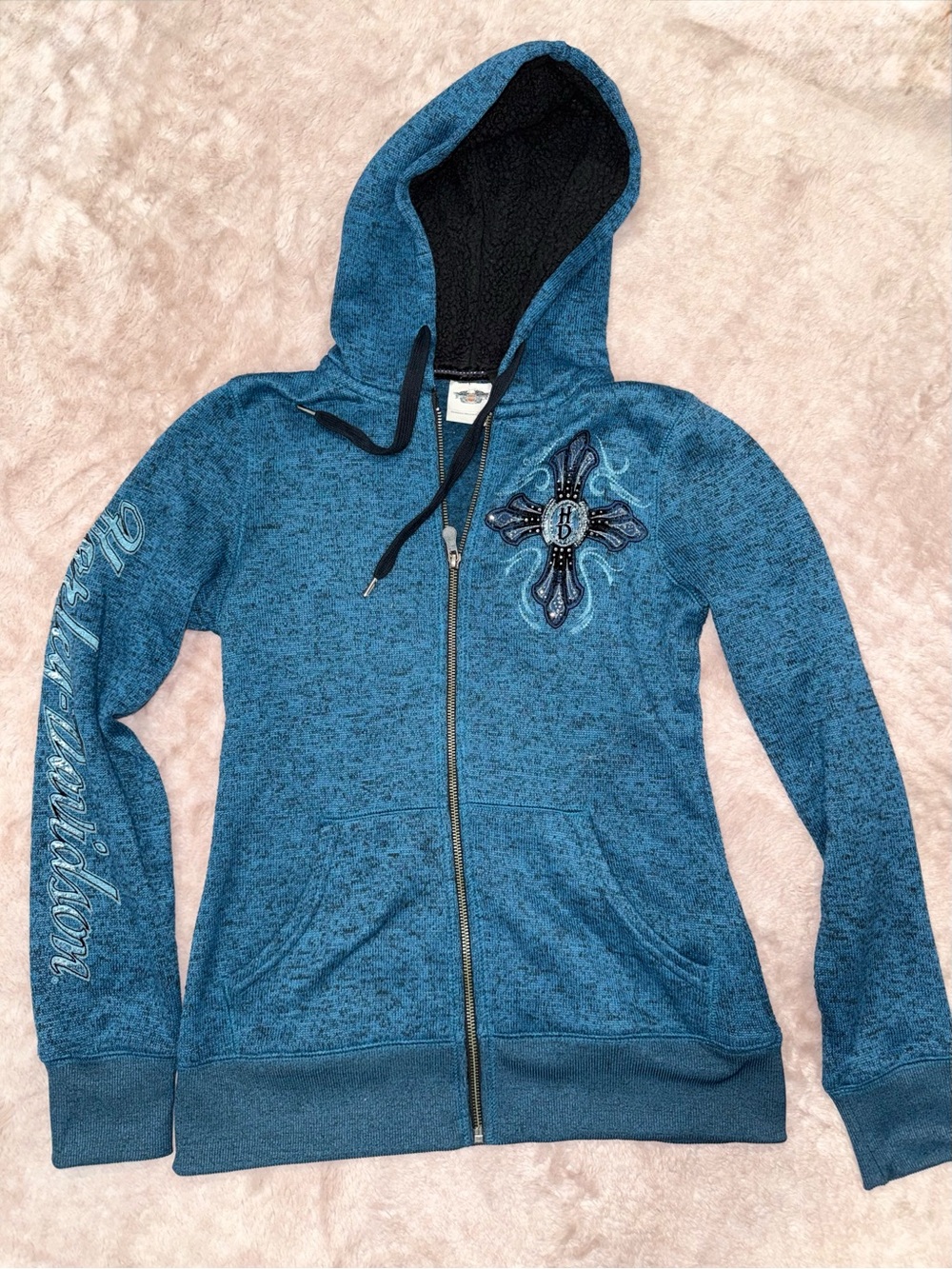Harley-Davidson Teal Hoodie with Embellished Cross and Wings - Picture 2 of 4
